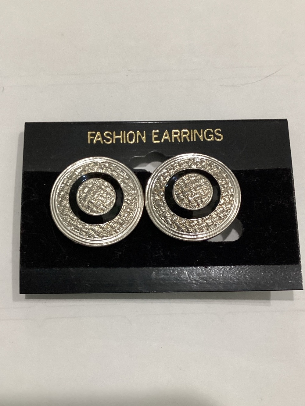 Silver and Black Round Textured clip on Earrings